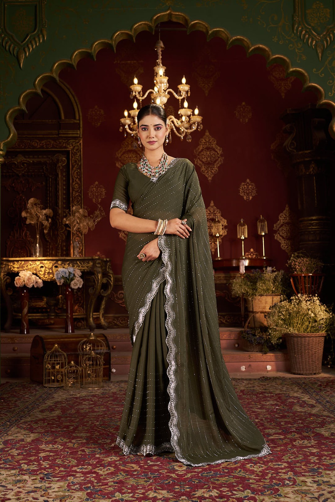 Olive printed saree — full look